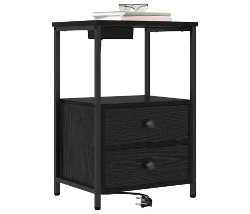 Nakts Skapis Ar Uzlādes Staciju Melns Ozols Inženierijas Koks Vidaxl