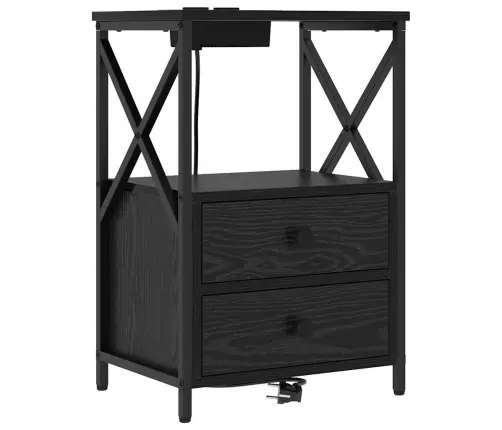 Nakts Skapis Ar Uzlādes Staciju Melns Ozols Inženierijas Koks Vidaxl