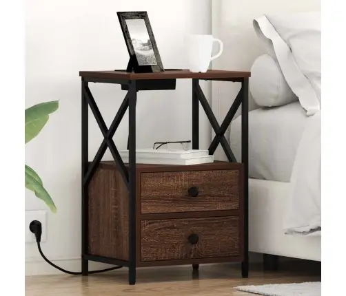 Naktinis Staliukas Su Įkrovimo Stotimi Su Stalčių Ruda Ąžuolo