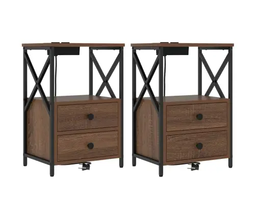 Naktinis Staliukas Su Įkrovimo Stotimi Su Stalčių Ruda Ąžuolo