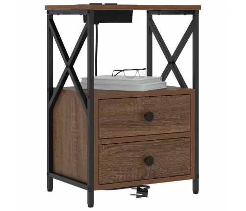 Naktinis Staliukas Su Įkrovimo Stotimi Su Stalčių Ruda Ąžuolo