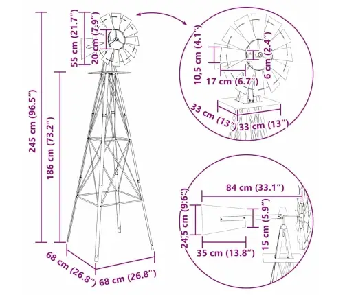 Vējdzirnavas Pelēkā 84X68X245 Cm Dzelzs Vidaxl