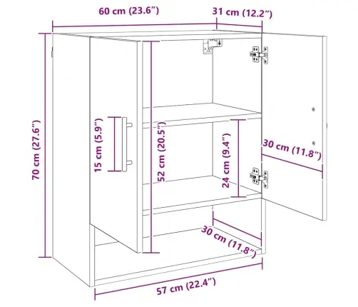 Sienas Skapis Melns Ozols 60 X 31 X 70 Cm Inženierijas Koks Vidaxl