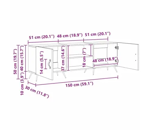 Televizora Skapīša Ar Plauktu Ar Uzglabāšanu Ar Durvīm Melns Ozols 150 X 30 X 50 Cm Vidaxl