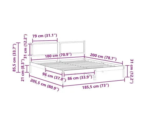 Lovos Rėmas Juoda 180 X 200 Cm Kietos Pušies Mediena