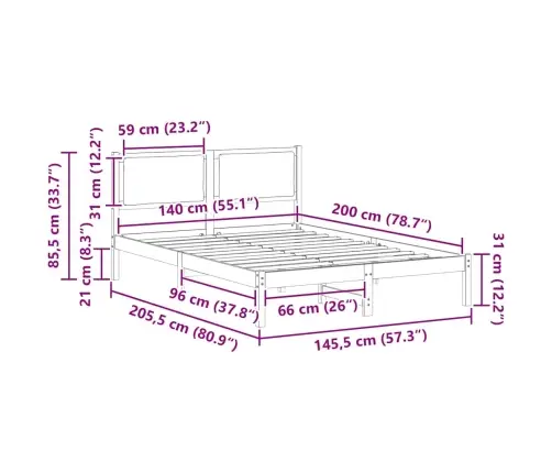 Gultas Rāmis Melna 140 X 200 Cm Ciets Priedes Koks Vidaxl