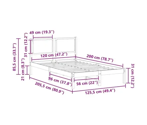 Gultas Rāmis Melna 120 X 200 Cm Ciets Priedes Koks Vidaxl