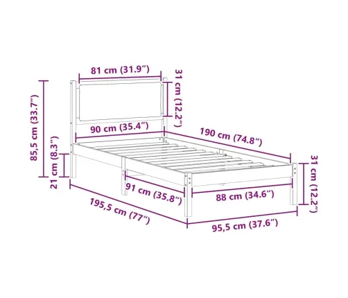 Gultas Rāmis Pelēkbrūna 90 X 190 Cm Ciets Priedes Koks Vidaxl