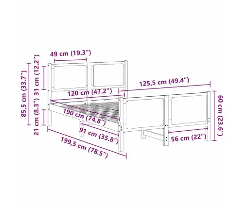 Gultas Rāmis Ar Galvas Klāju Melna 120 X 190 Cm Audums Vidaxl