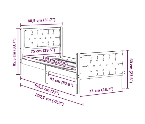 Gultas Rāmis Ar Galvas Klāju Melna 75 X 190 Cm Audums Vidaxl