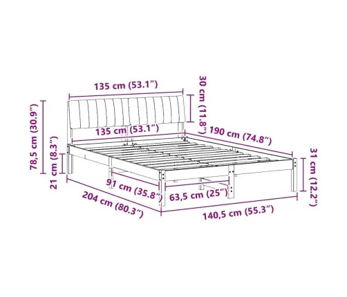 Gultas Rāmis Ar Galvas Klāju Balts Un Gaiši Pelēks 135 X 190 Cm Vidaxl