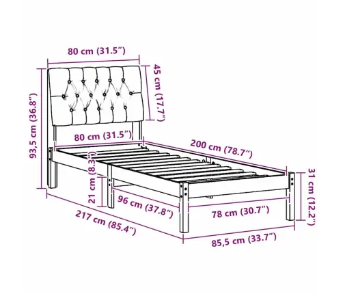 Voodiraam Pehme Peatoega Peaga Valge 80 X 200 Cm Männipuit