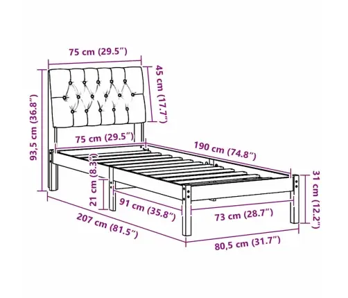 Voodiraam Pehme Peatoega Peaga Pruun 75 X 190 Cm Männipuit