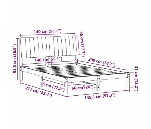Gultas Rāmis Melna 140 X 200 Cm Ciets Priedes Koks Vidaxl