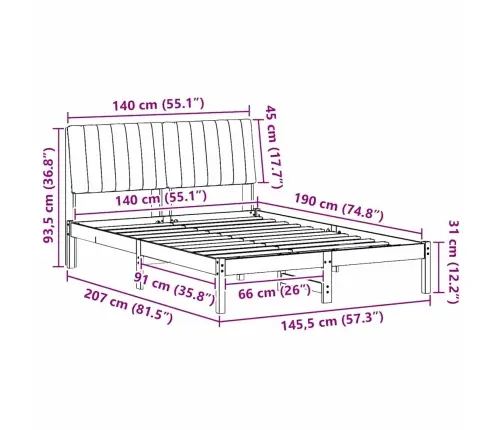 Gultas Rāmis Gaiši Pelēks 140 X 190 Cm Ciets Priedes Koks Vidaxl