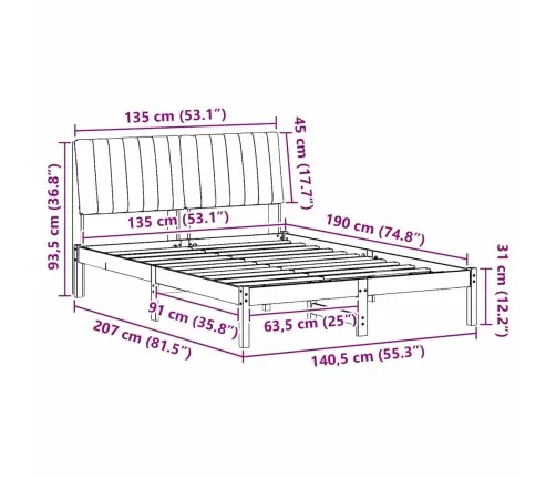 Gultas Rāmis Brūna 135 X 190 Cm Ciets Priedes Koks Vidaxl