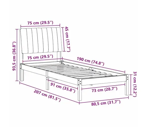 Gultas Rāmis Ar Galvas Klāju Brūna 75 X 190 Cm Audums Vidaxl