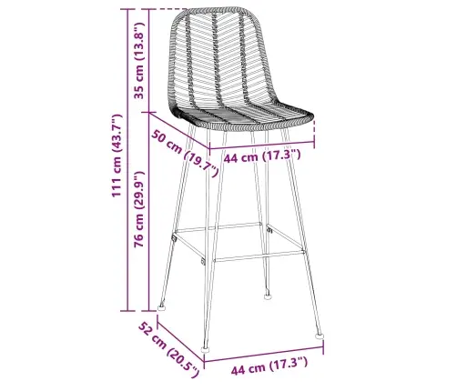 Bāra Krēsls 2 Pcs Dabiska 44,5 X 53 X 111 Cm Raten Un Dzelzs Vidaxl