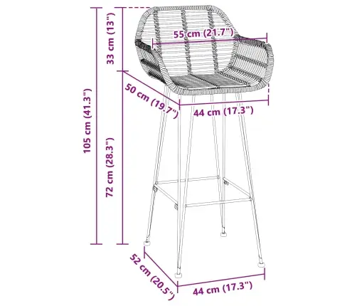 Bāra Krēsls 2 Pcs Dabiska 55 X 52 X 92 Cm Raten Un Dzelzs Vidaxl