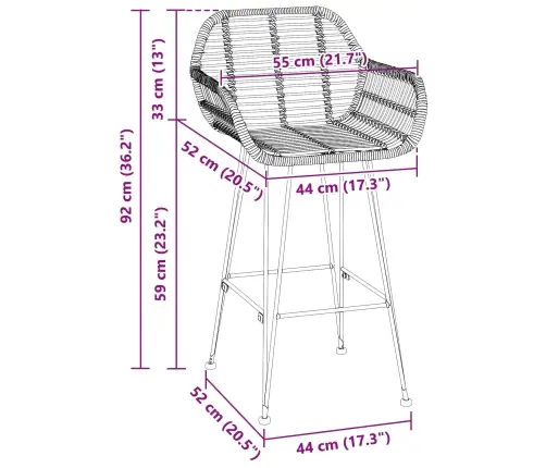 Bāra Krēsls 2 Pcs Melna 55 X 52 X 92 Cm Raten Un Dzelzs Vidaxl