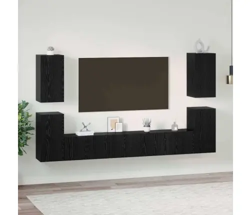 Tv Skapīšu Komplekts 7 Pcs Melns Ozols Inženierijas Koks Vidaxl
