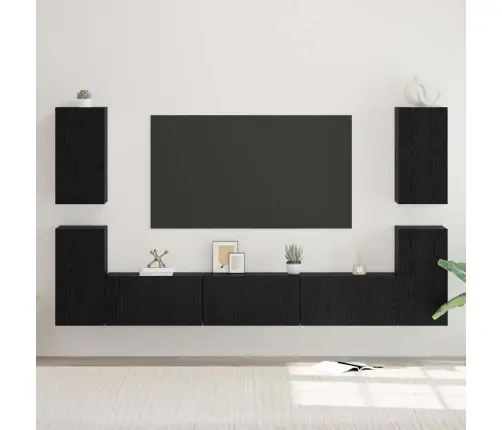 Tv Skapīšu Komplekts 7 Pcs Melns Ozols Inženierijas Koks Vidaxl