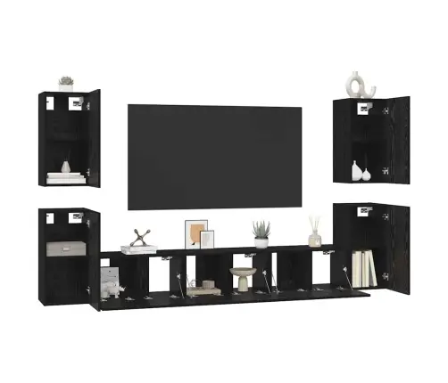 Tv Skapīšu Komplekts 7 Pcs Melns Ozols Inženierijas Koks Vidaxl