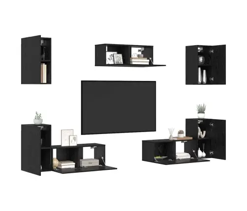 Tv Skapīšu Komplekts 7 Pcs Melns Ozols Inženierijas Koks Vidaxl
