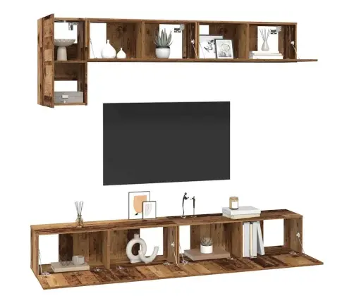 Tv Skapīšu Komplekts Ar Plauktu Piestiprināts Pie Sienas Cits Ar Uzglabāšanu Ar Durvīm 5 Pcs Vecs Koks Vidaxl