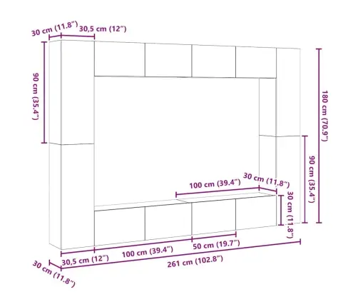 Tv Spintelių Komplektas 8 Pcs Artisano Ąžuolo Vidutinė Tv Spintelių Komplektas 8 Pcs Artisano Ąžuolo Vidutinė