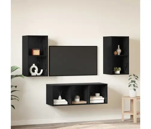 Tv Spintelės Komplektas 3 Pcs Juoda Ąžuolo Apdirbta Mediena