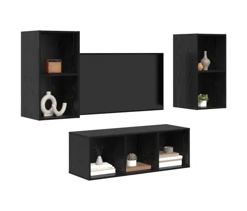 Tv Spintelės Komplektas 3 Pcs Juoda Ąžuolo Apdirbta Mediena