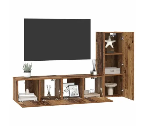 Tv Spintelių Komplektas 3 Pcs Senovinis Medis Apdirbta Mediena