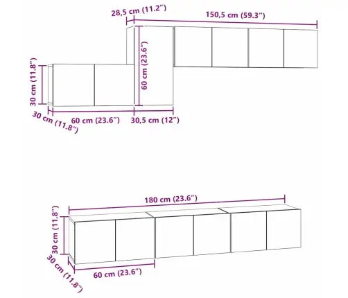Tv Skapīšu Komplekts 7 Pcs Melni Ozoli 60 X 30 X 30 Cm Vidaxl
