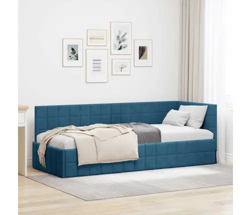 Stūra Gultas Rāmis Ar Galvas Klāju Zila 80 X 200 Cm Samts Vidaxl