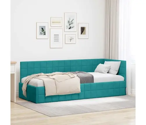 Stūra Gultas Rāmis Ar Galvas Klāju Tirkīzzila 80 X 200 Cm Samts Vidaxl