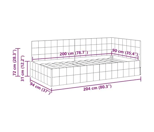 Stūra Gultas Rāmis Ar Galvas Klāju Melna 90 X 200 Cm Samts Vidaxl