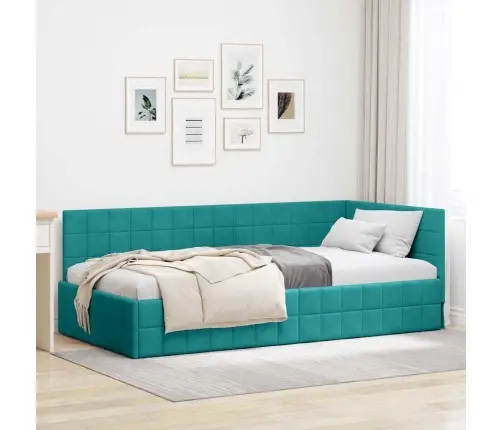 Stūra Gultas Rāmis Ar Galvas Klāju Tirkīzzila 90 X 200 Cm Samts Vidaxl