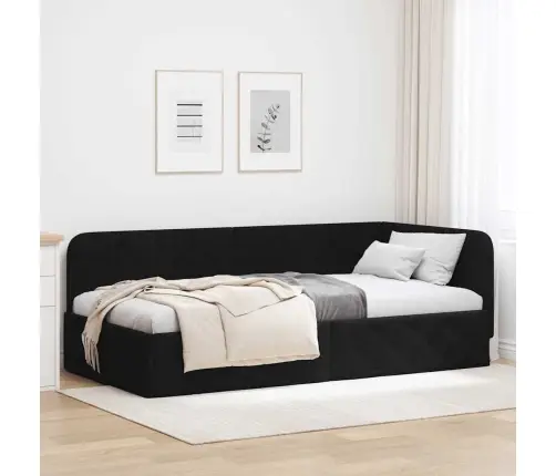 Stūra Gultas Rāmis Ar Galvas Klāju Melna 90 X 200 Cm Audums Vidaxl