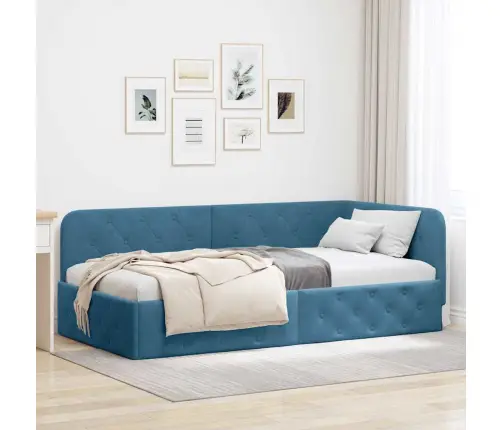 Stūra Gultas Rāmis Ar Galvas Klāju Zila 90 X 190 Cm Samts Vidaxl