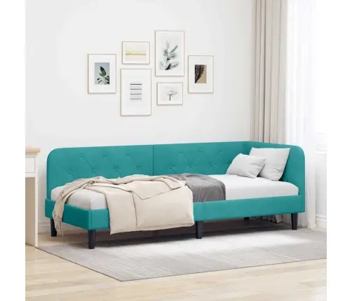 Stūra Gultas Rāmis Ar Galvas Klāju Tirkīzzila 80 X 200 Cm Samts Vidaxl