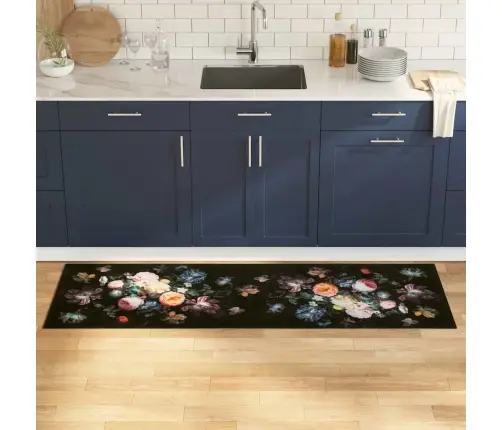 Virtuvės Kilimas Gėlių Juoda 180 X 60 Cm Aksomas