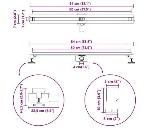 360° Dušas Notekcaurule Ar Plānu Modeli Sudraba 80 Cm Vidaxl