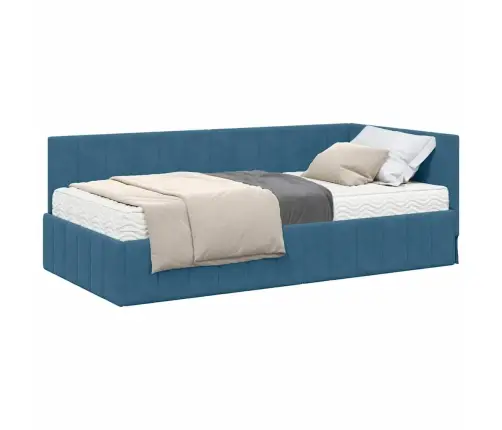 Stūra Gultas Rāmis Ar Matraci Zila 90 X 200 Cm Samts Vidaxl