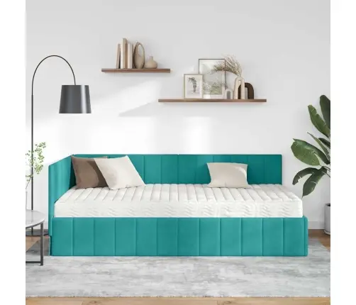 Stūra Gultas Rāmis Ar Matraci Tirkīzzila 100 X 200 Cm Samts Vidaxl