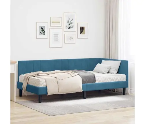 Stūra Gultas Rāmis Ar Matraci Zila 90 X 190 Cm Samts Vidaxl