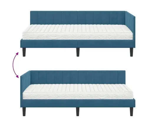 Stūra Gultas Rāmis Ar Matraci Zila 90 X 190 Cm Samts Vidaxl