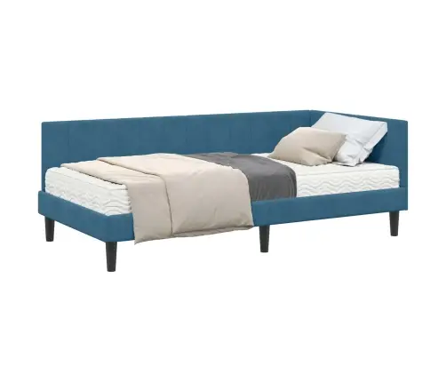 Stūra Gultas Rāmis Ar Matraci Zila 90 X 190 Cm Samts Vidaxl