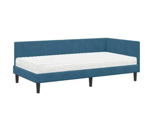 Stūra Gultas Rāmis Ar Matraci Zila 100 X 200 Cm Samts Vidaxl