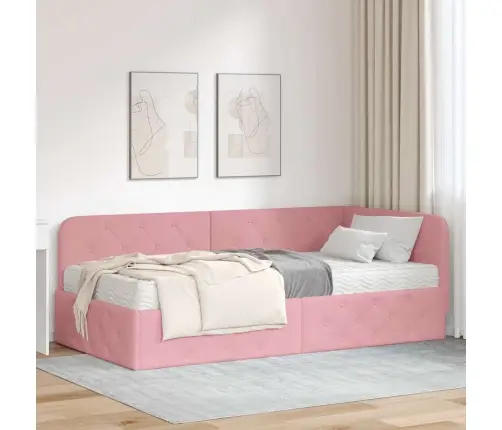 Stūra Gultas Rāmis Ar Matraci Rozā 90 X 200 Cm Samts Vidaxl
